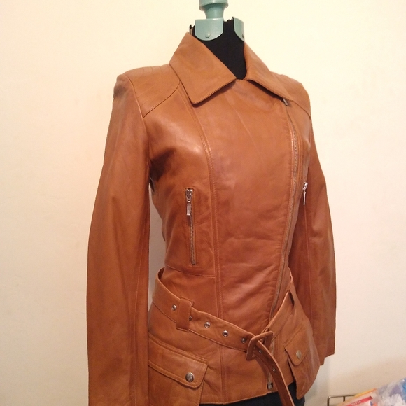 Ladies Medium Brown Leather Moto Jacket by Feminine Touch - Picture 10 of 16